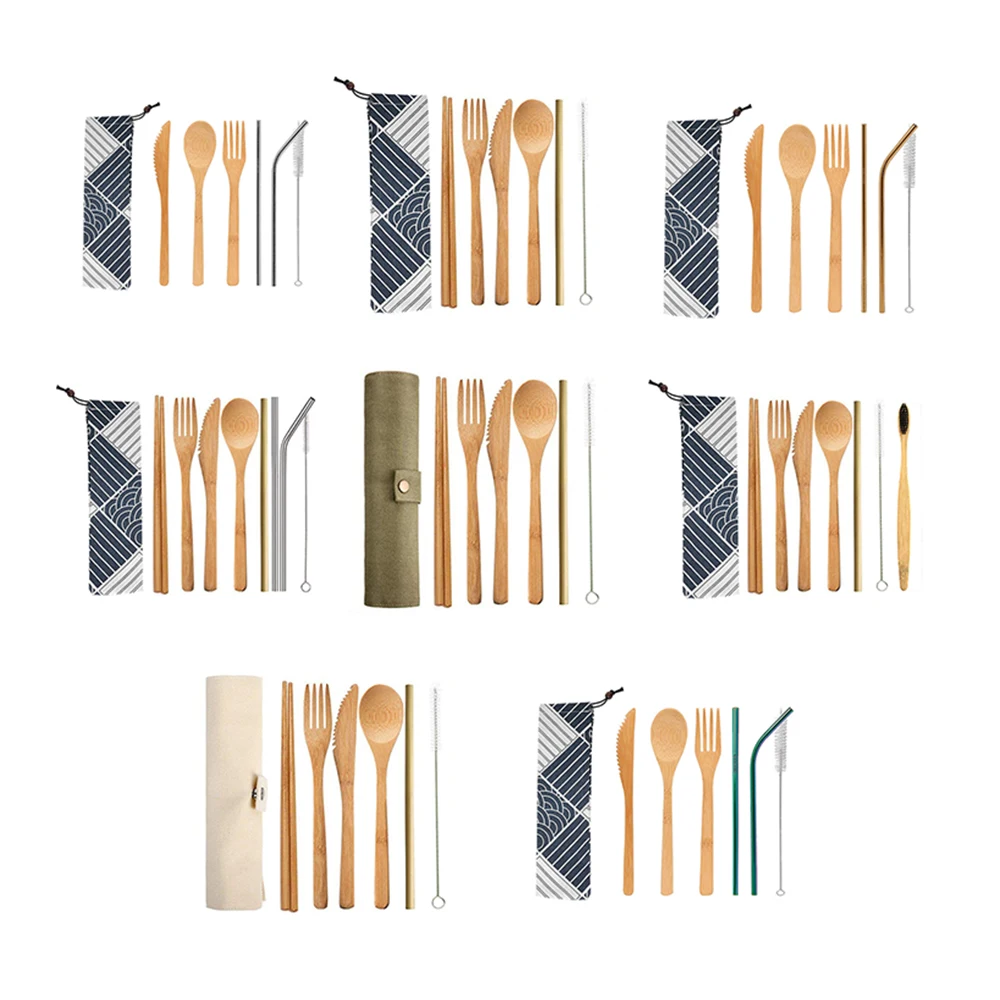 Environmental Protection Travel Bag Bamboo Tableware Knife Fork Spoon Chopsticks Straw Brush Set with Cloth | Дом и сад