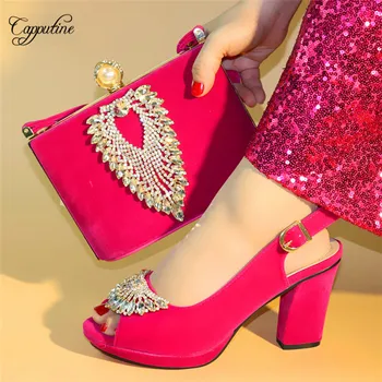 

Charming wedding/party high heel pump shoes and evening bag with crystal nice matching for lady dress A3682 in fuchsia