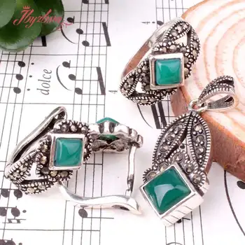 

Square Green Agat e Hand Mosaic Gem Stone Beads Tibetan Silver Fashion Style Earring Pendant Rings 1 Set,Free Shipping