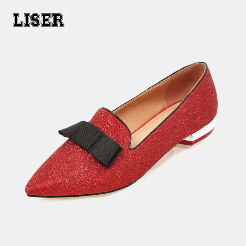 

women shoes summer 2019 flats slip on glitter red sliver loafers casual metallic chunk heels pointed toe knot ladies large size