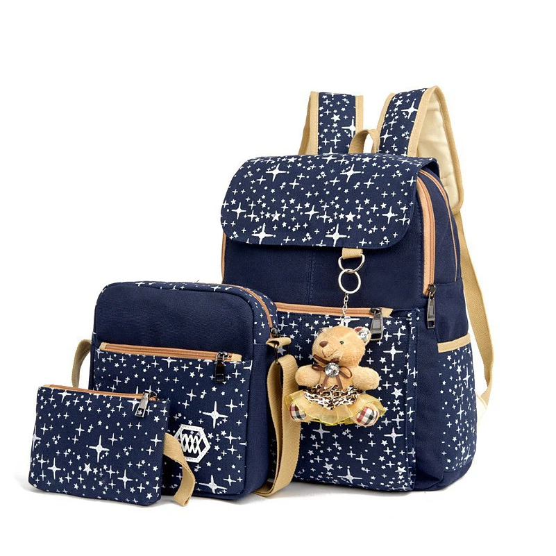 

3pcs Set Bookbag Backpack Women Backpacks For Teenage Girls Canvas Backpack School Bag Laptop Rucksack Cute Bear Female Knapsack