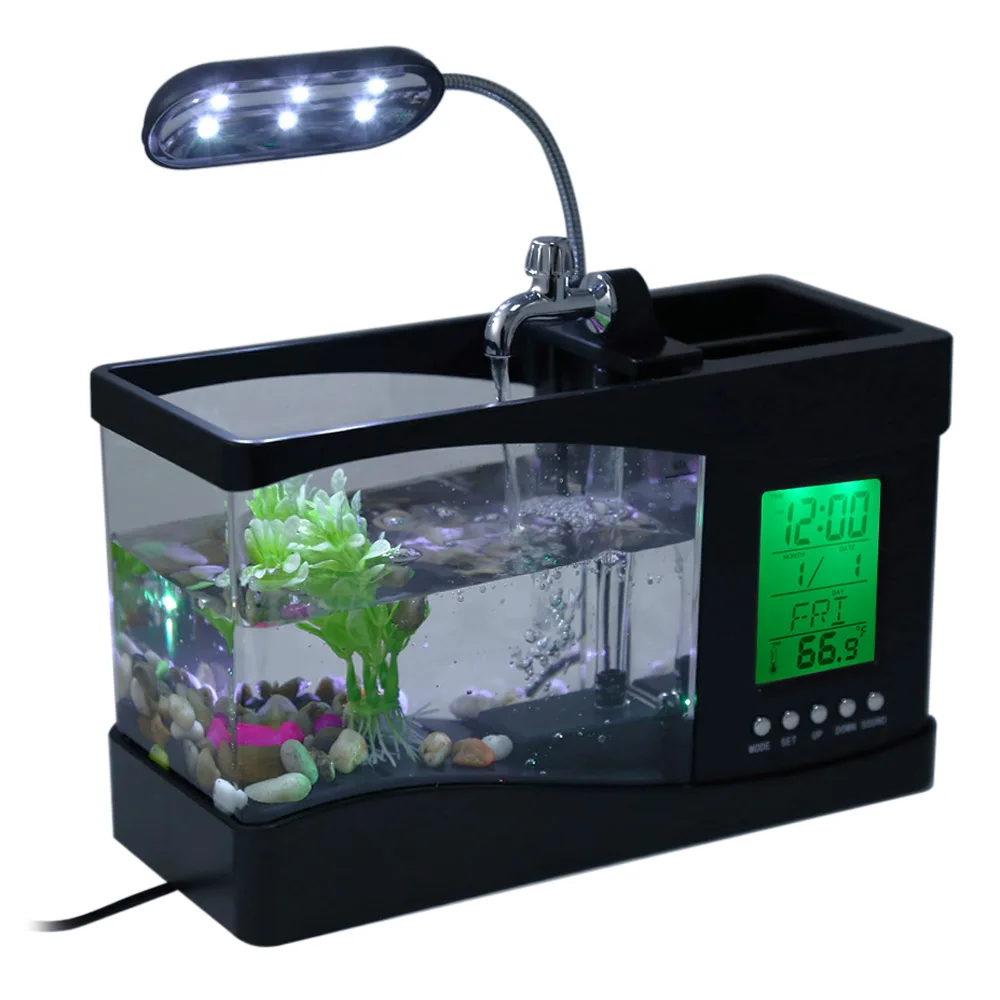 Mini Fish Tank Lamp USB Desktop with Water Running LED Pump Light Calendar Alarm Clock