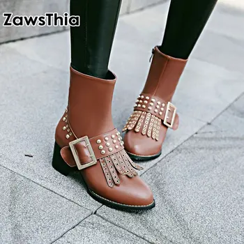 

ZawsThia white black stylish woman winter shoes block high heels ladies ankle martin boots with metal buckle and studded rivets