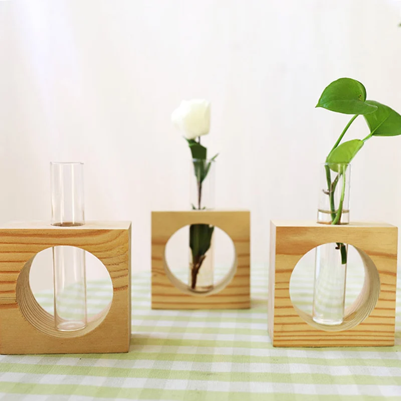 

Wooden Small fresh Tabletop Plant Bonsai Flower Tray Hydroponic Vase Wedding Decorative Vase Home Decor glass Bonsai Vase