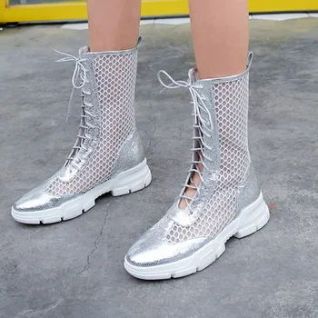 

PXELENA Vintage Rome Gladiator Sandals Women Real Genuine Leather Sheepskin Mesh Mid Calf Boots Summer 2019 Ladies Shoes Flat