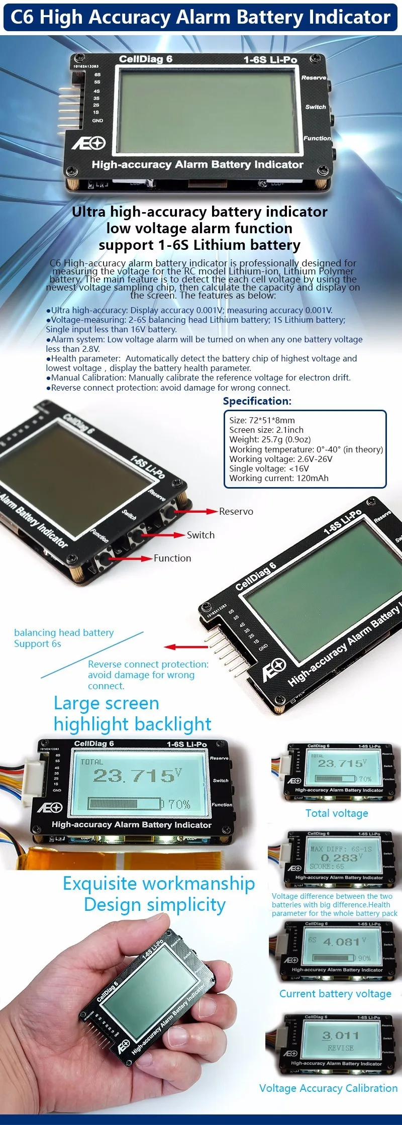 RC C6 Высокая точность сигнализации индикатор батареи Lipo батарея индикатор напряжения монитор, Вольт-метр звуковой сигнал