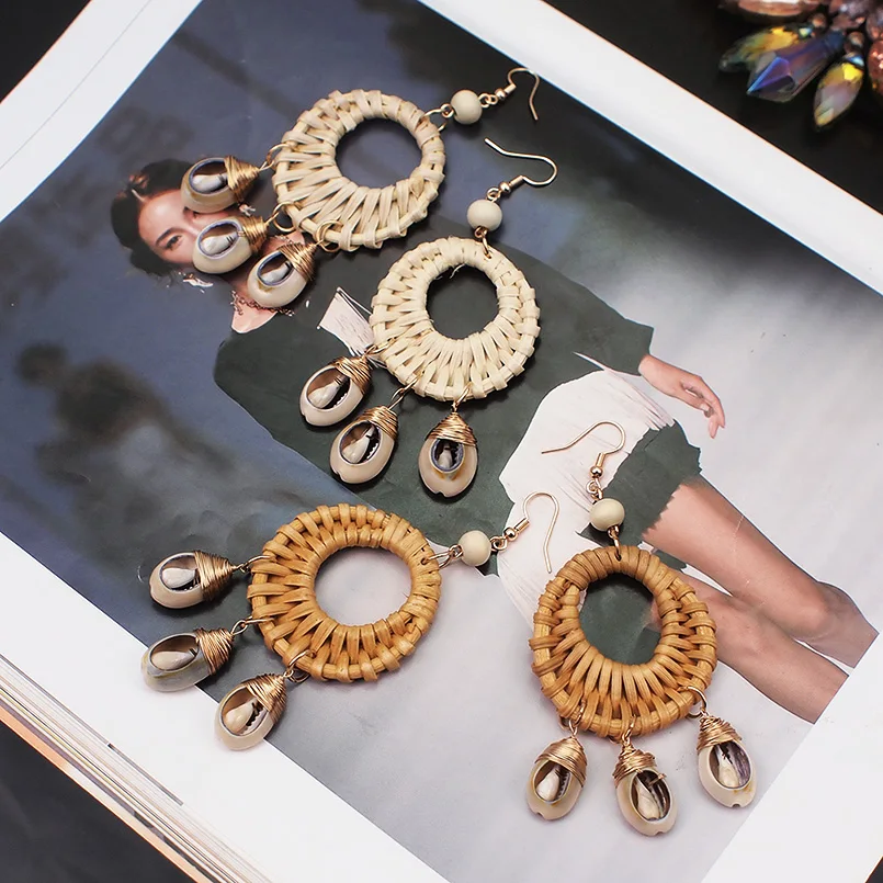 MANILAI Bohemia Straw Rattan Knit Shell Dangle Earrings For Women Big Circular Pendant Statement Earrings Fashion Jewelry 2019