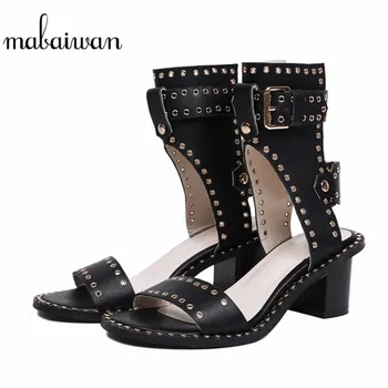 

Mabaiwan Casual Summer Gladiator Women Genuine Leather Sandals High Heels Buckle Strap Shoes Woman Sexy Rivet Open Toe Sandalias