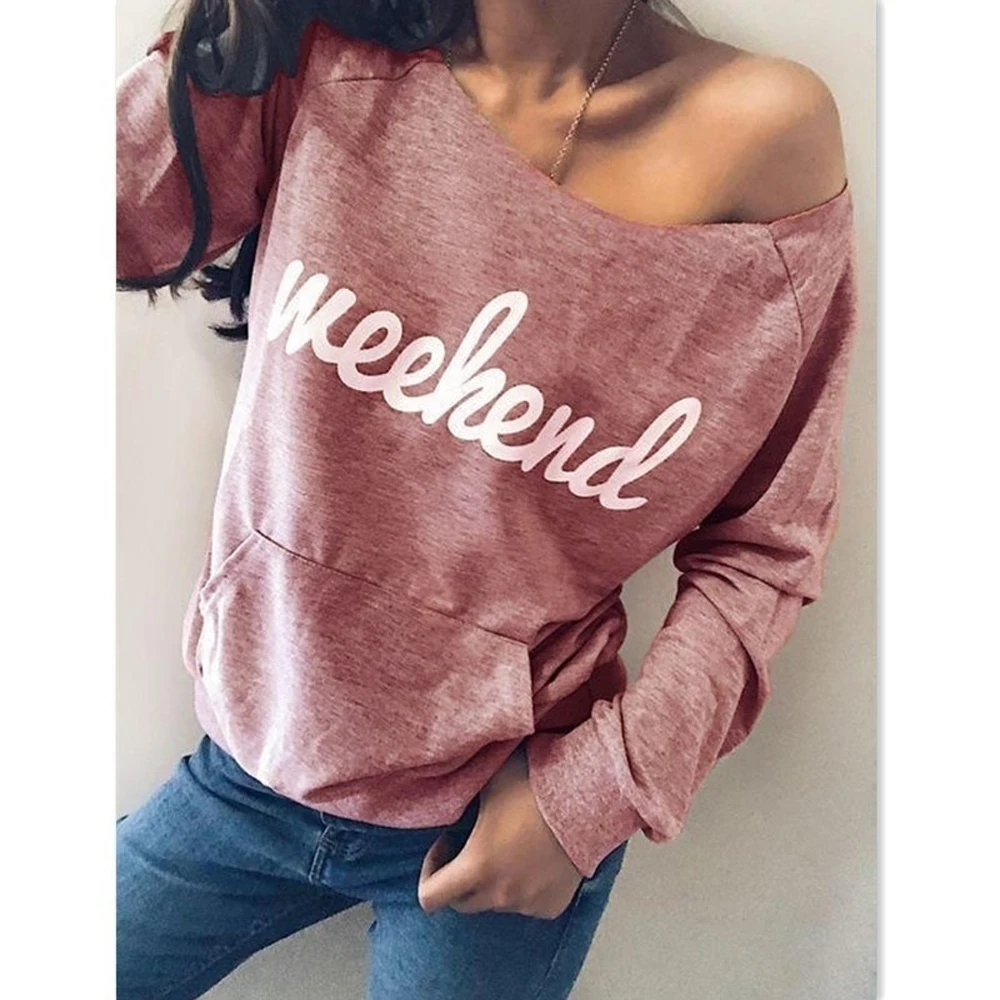 

Sexy One Off Shoulder Weekend Letter Printed Hoodies Sweatshirt Women Spring Streetwear Pullover Tops WDC2532
