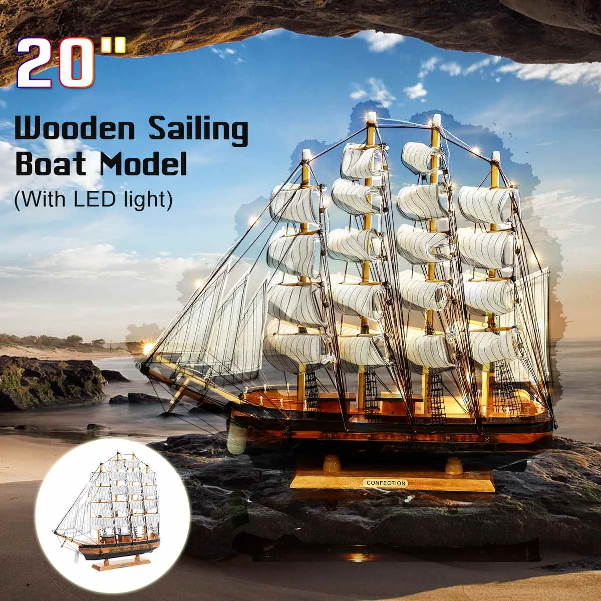 

50x45x7.2cm Wooden Wood Sailboat Ship with LED Light Kits Home DIY Model Home Decoration Boat Birthday Gift Toy for Kids