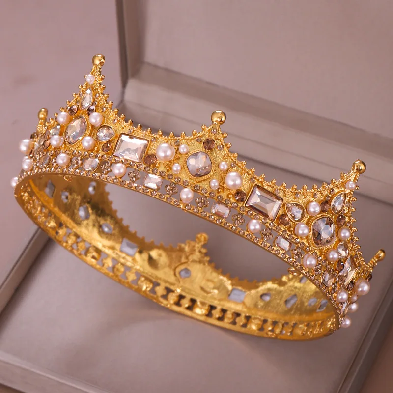 

2019 New Vintage Full Round Crystal Pearl Wedding Crown Gold/Silver Color Bridal Hair Accessories Princess Bride Tiara Hairband