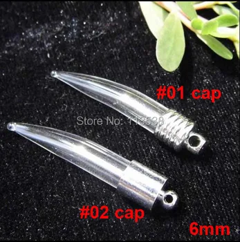 

50sets/lot 6mm hot pepper tooth glsss bottles Vial Pendant charm diy jewelry findings (silver plated metal cap & rubber plug)