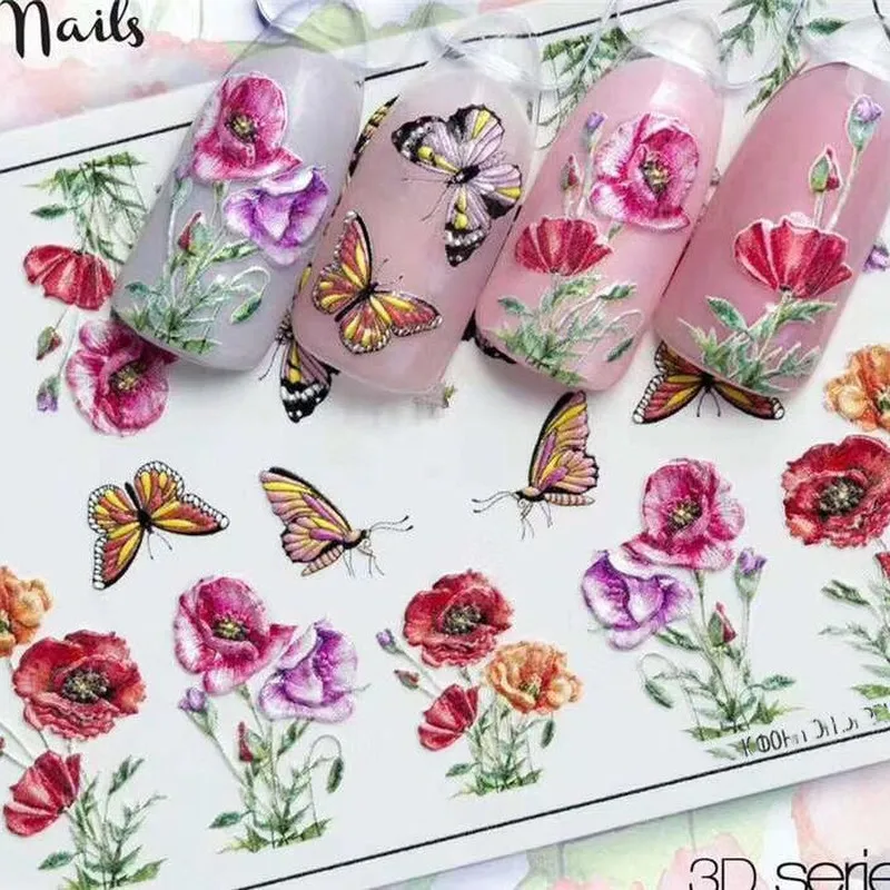 

3D Acrylic Engraved Flower Nail Sticker Embossed Flower Butterfly Nail Water Decals Empaistic Nail Water Slide Decals Manicure