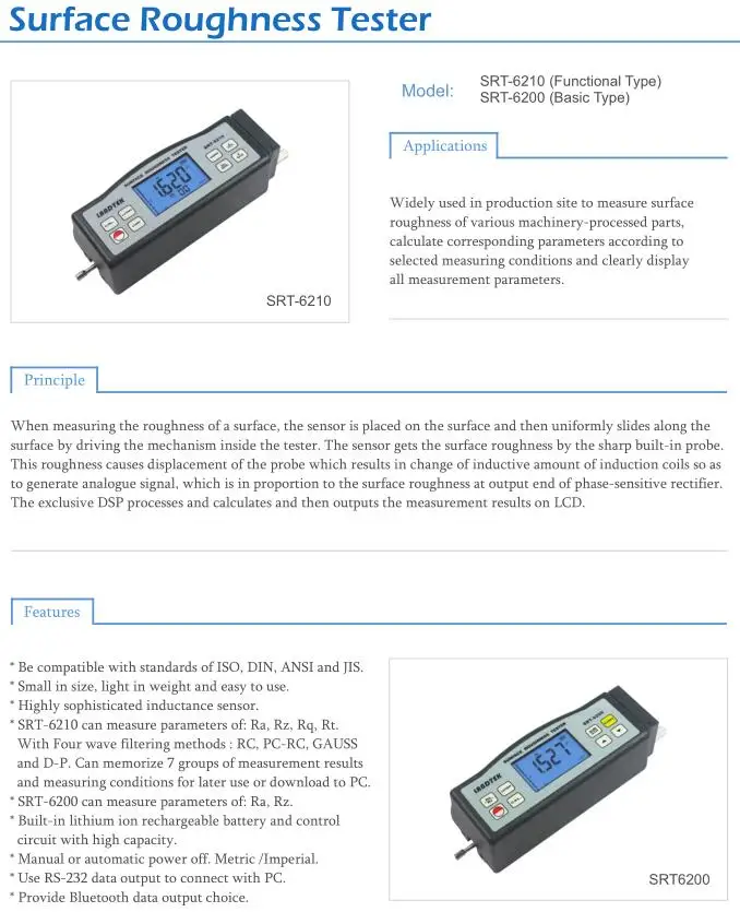 Тестер шероховатости поверхности SRT-6210 Ra Rq(0,005~ 16,00 um) Rz Rt(0,020~ 160,0 um) портативный датчик для измерения шероховатости поверхности