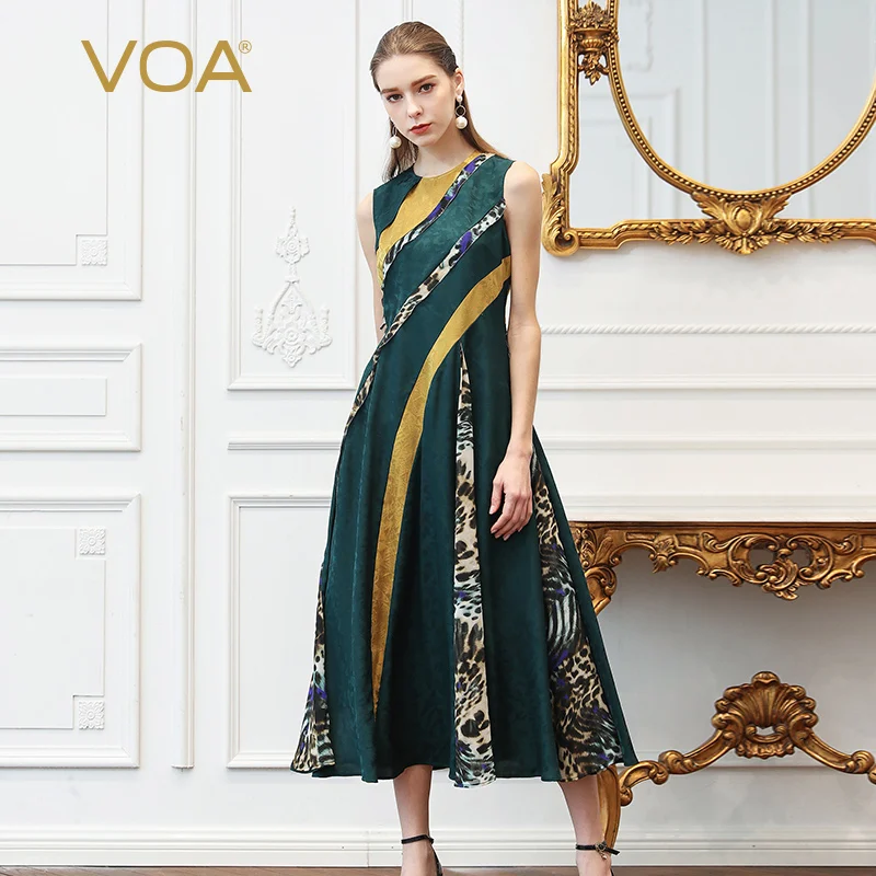 VOA Zijde Jacquard Jurk Plus Size 5XL Vrouwen Lange Jurken Mouwloze Slanke Boho Groen Casual Groen Print A357