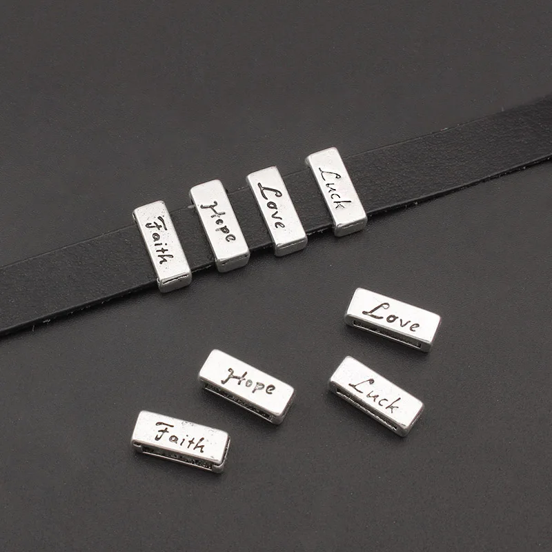 

30pcs Antique Silver Carved Hope Love Luck Faith Slider Spacers Beads For 10x2mm Flat Leather Cord Bracelets Jewelry Gift Making