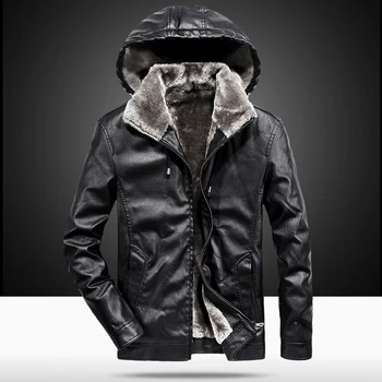 

Winter Men's Hooded Leather Jacket Coat Plus Velvet Men's PU Jackets Coats Motorcycle Leather Jacket Men's Clothing