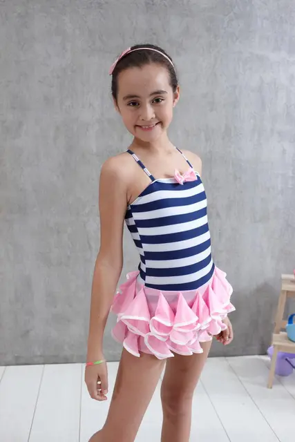 One piece girls swimwear child bathers teen swimwear blue stripe ...