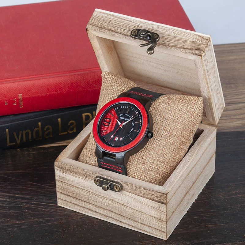 BOBO BIRD Men Wooden Watches Date Display Relogio Masculino Wristwatch Leather Strap Timepieces Men's Gifts Items W-iQ20