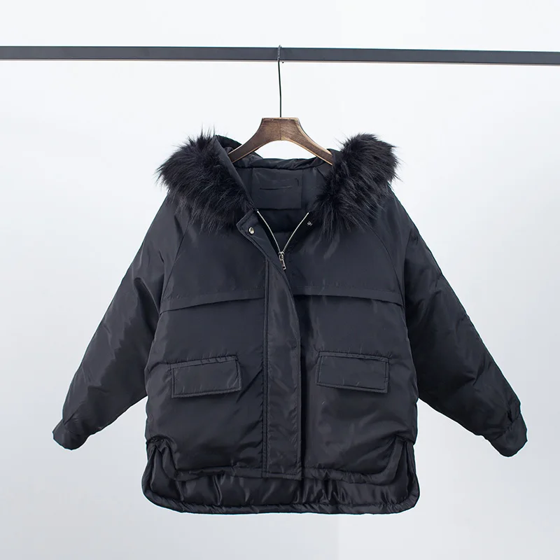 

FYYIYI Casual Women's Parka Cotton Clothing 2019 New Winter Korean Loose Hooded Jacket Office Lady Large Fur Collar Thick Jacket
