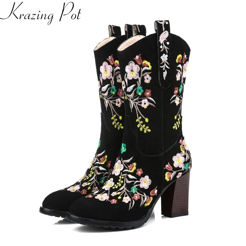 

Krazing Pot 2019 big size cow suede round toe embroider zipper flower winter shoes elegant brand party women mid-calf boots L33