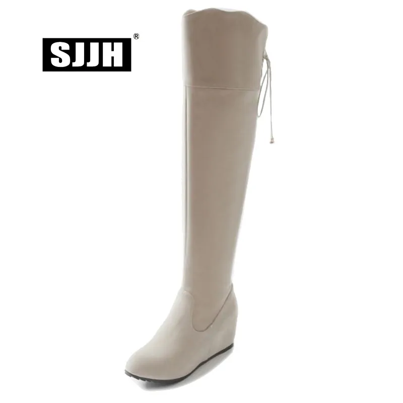 SJJH Women Velvet Over-the-Knee Boots with Round Toe Height Increasing Zip Long Chelsea Boot Fashion Roman Shoes Large Size Q473