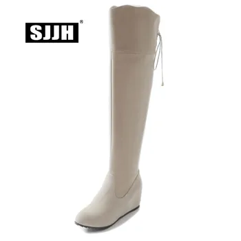 

SJJH Women Velvet Over-the-Knee Boots with Round Toe Height Increasing Zip Long Chelsea Boot Fashion Roman Shoes Large Size Q473