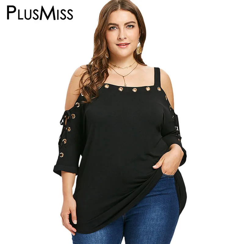 

PlusMiss Plus Size Loose Lace Up Sleeve Tops Women Sexy Hollow out Off the Shoulder Long Blouse Ladies Big Size Female Autumn