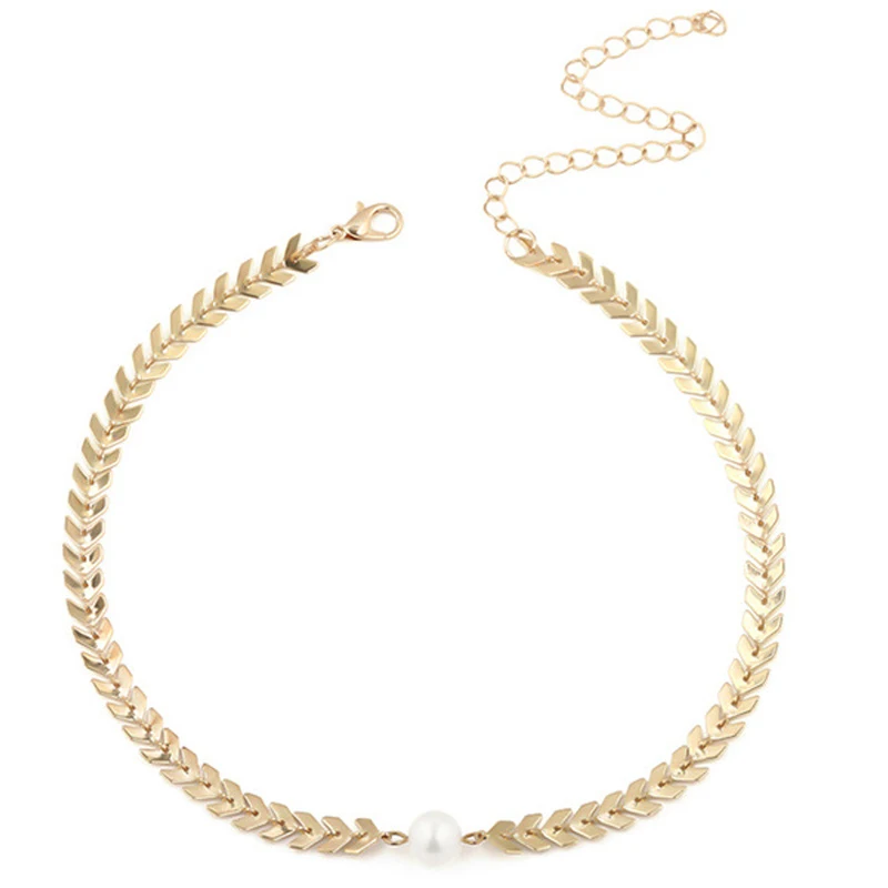 

Multiple Letter V Chain Fishbone Necklaces Imitation Pearls Collar Chokers Clavicular Chain Necklaces Jewelry Gem XL050