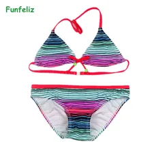 Funfeliz/бикини для девочек; купальник в полоску для девочек; От 5 до 14 лет; детский купальный костюм из двух предметов; купальные костюмы для маленьких девочек