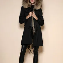 Высококачественная черная зимняя куртка, Женское пальто из натурального искусственного меха, большие размеры с воротником из меха енота, черная Толстая теплая куртка