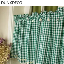 DUNXDECO Короткая занавеска для кухни, двери, половинки, кантри стиль, зеленая клетка, Маргаритка, Цветочная вышивка, хлопок, Ридо, домашний декор