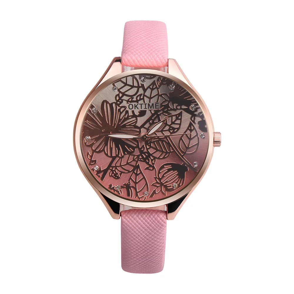 

Women Clock Fashion Women 3D Lotus Texture Design Fashion Casual Leather Band Analog Alloy Quartz Wristwatches Relogio Feminino