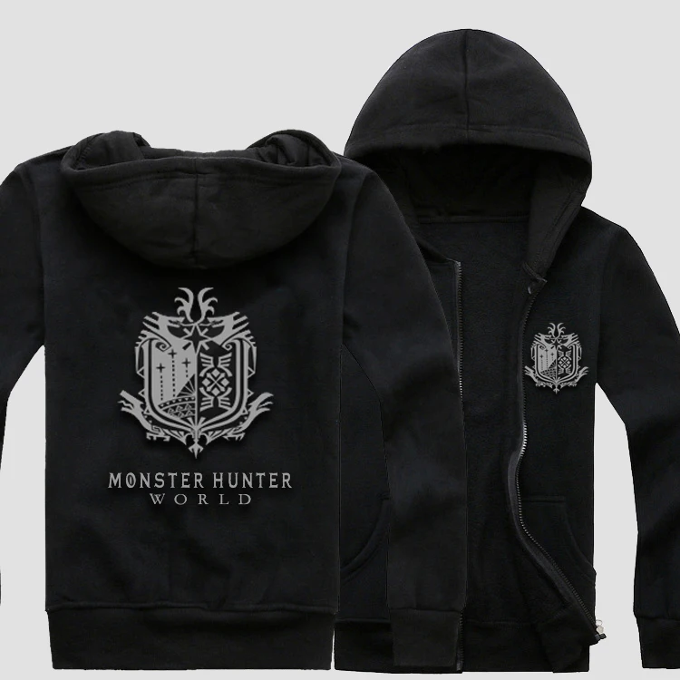

2018 Game Monster Hunter World Logo Hoodies Zip Up Mens Cotton Hooded Fleece Black Sweatshirts Coats