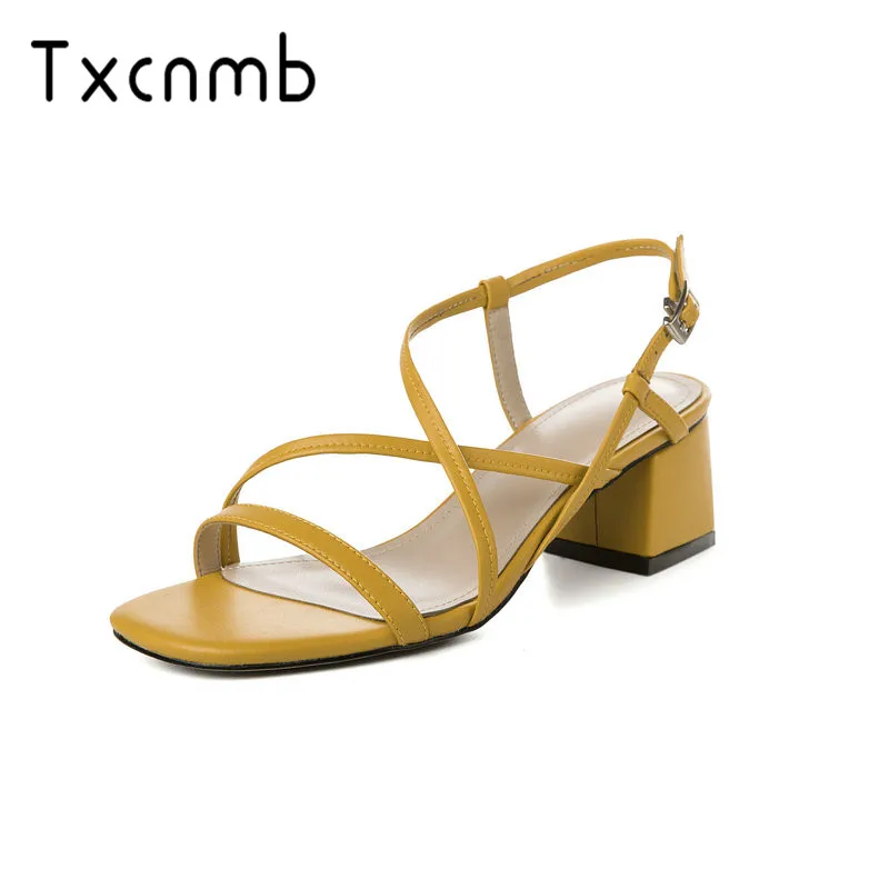 

TXCNMB 2019 New Fashion Women Pumps Genuine Leather Square High Heels Elegant Summer Sandals wedding Shoes Woman Style Shoes