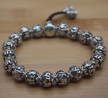 

Real S999 Silver Bracelet Women Man's Sutra Buddhism Six Words 10mm Beads Chain Link New Women Men's Bracelet 17cmL