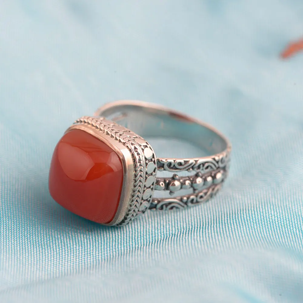 

FNJ 925 Silver Square Ring Fashion Natural Red Stone Real S925 Sterling Thai Silver Rings for Women Men Jewelry USA Size 5.5-8