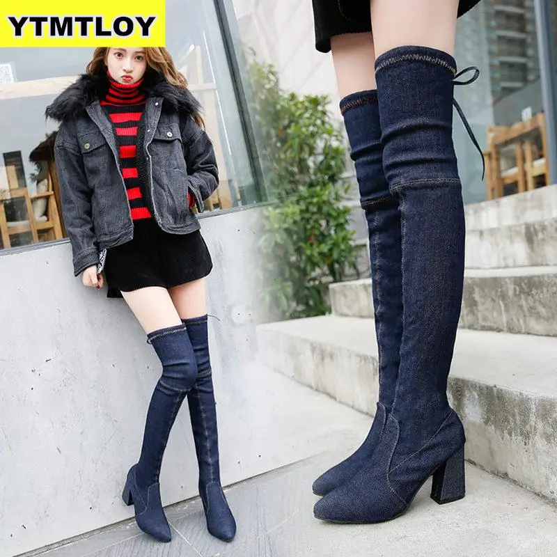 Cena Moda kobiety buty wiosna zima na kolana obcasy jakości zamszowe długie komfort kwadratowych Botines Mujer zakolanówki Denim