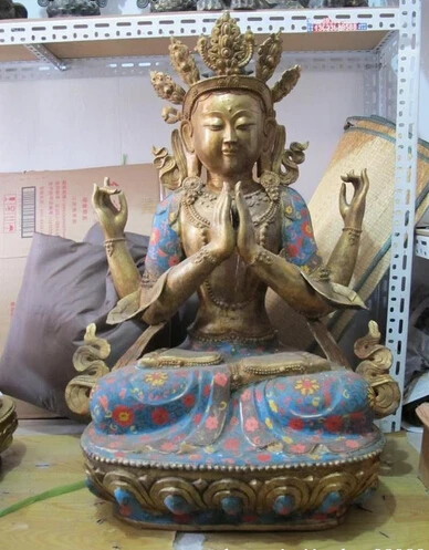 

shitou 003277 39"Huge Tibet Buddhism Bronze Gild Cloisonne Four Arm Kwan-Yin Buddha statue
