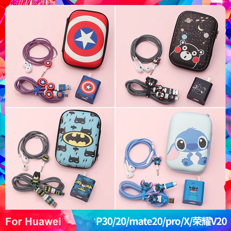 

Big Square Earphone Bag USB Earphone Protector Set With Charger Stickers Spiral Cable Protector For Huawei p10/p20/mate20/V20