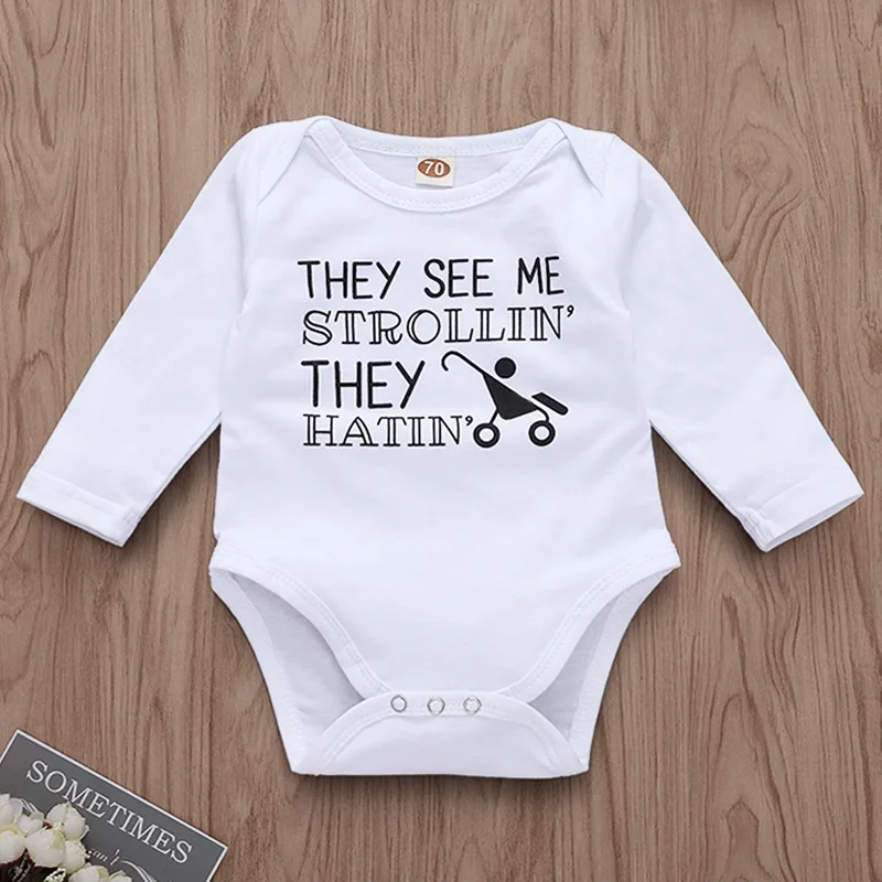 

Cute Long Sleeve Onesie Baby Baby Carriage Pattern They See Letters White Baby Bodysuit Tiny Cottons Fall Outfits for Baby Girls