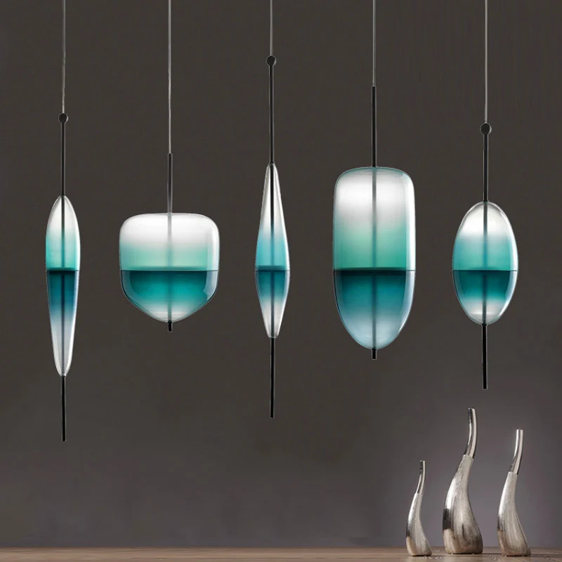 

Nordic modern creative teardrop design gradient blue glass single head pendant lamp LED art simple white DIY decorative lighting