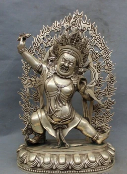 

009094 19" Tibet Silver Buddhism Bless Vajrapani Mahakala Buddha Statue Brass Joss