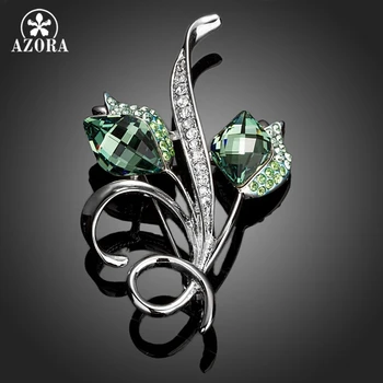 

AZORA Two Budding Flowers With Stellux Austrian Crystal Pin Brooch TP0030