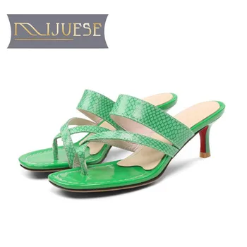 

MLJUESE 2019 women slippers Soft Cow leather Rome style summer open toe green color flip flops beaches sandals party size 34-43