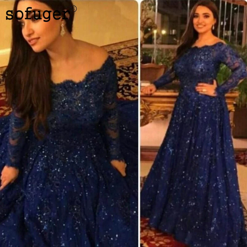 Темно-синие мусульманские Вечерние платья ТРАПЕЦИЕВИДНОЕ кружевное платье с длинными рукавами и бусинами в исламском Дубае, Саудовской Аравии, Длинное Элегантное Вечернее Платье