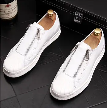 

Luxury Brand Men Shoes Casual Leather Fashion Trendy Black Blue Brown Flat Shoes for Men Drop Shipping Zipper decoration shoes