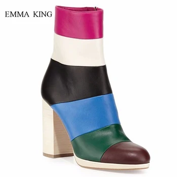 

EMMA KING Retro Style Mixed Colors Chunky Heels Ankle Boots Rainbow High Heels Botines Mujer Autumn Winter Boots Women Shoes