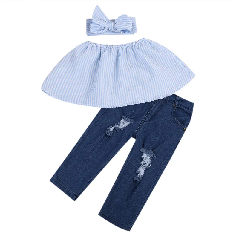 3pcs Toddler Baby Girls Summer Clothes Sets Cute Striped Crop Tops Casual Destroy Jeans Headband