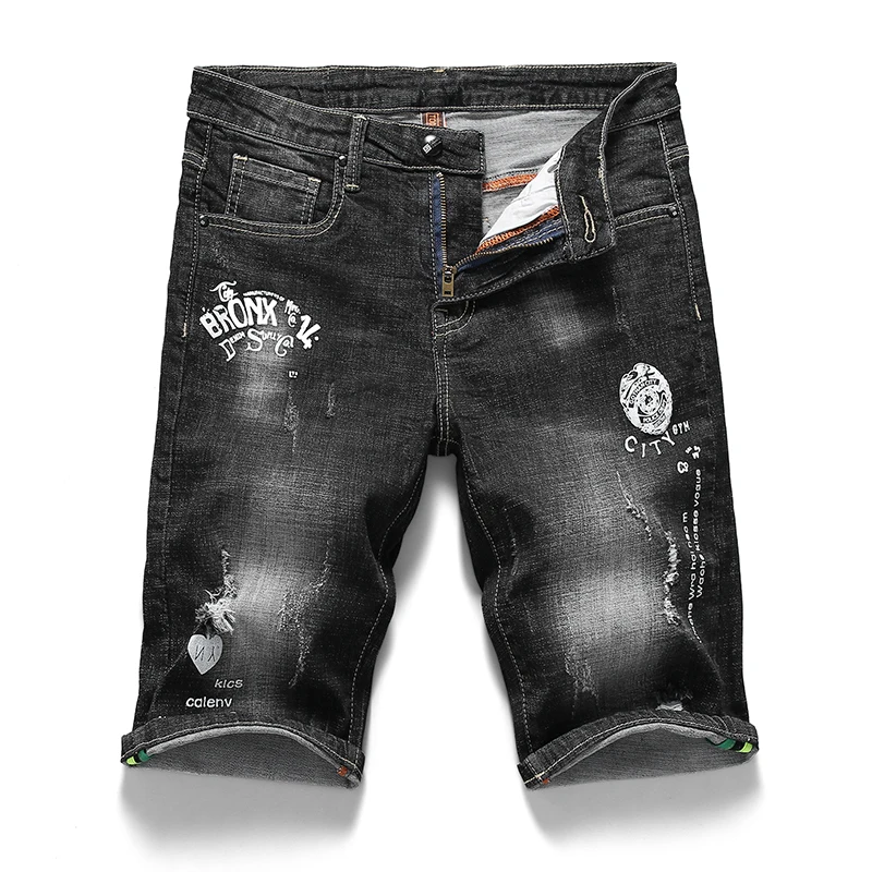 

New men short jeans slim stretch jeans printed male shorts torn ripped pants black trousers hip hop streetwear the Summer